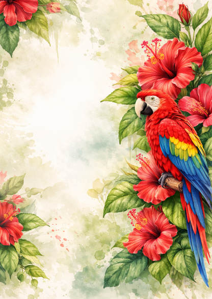 Rice Paper For Decoupage Parrot & Red Hibiscus Flower  Full  Cat. No.9104