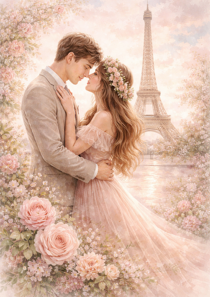 Rice Paper For Decoupage Eiffel Tower &amp; Romantic Couple in Shabby Chic Style Full Cat. No.9195