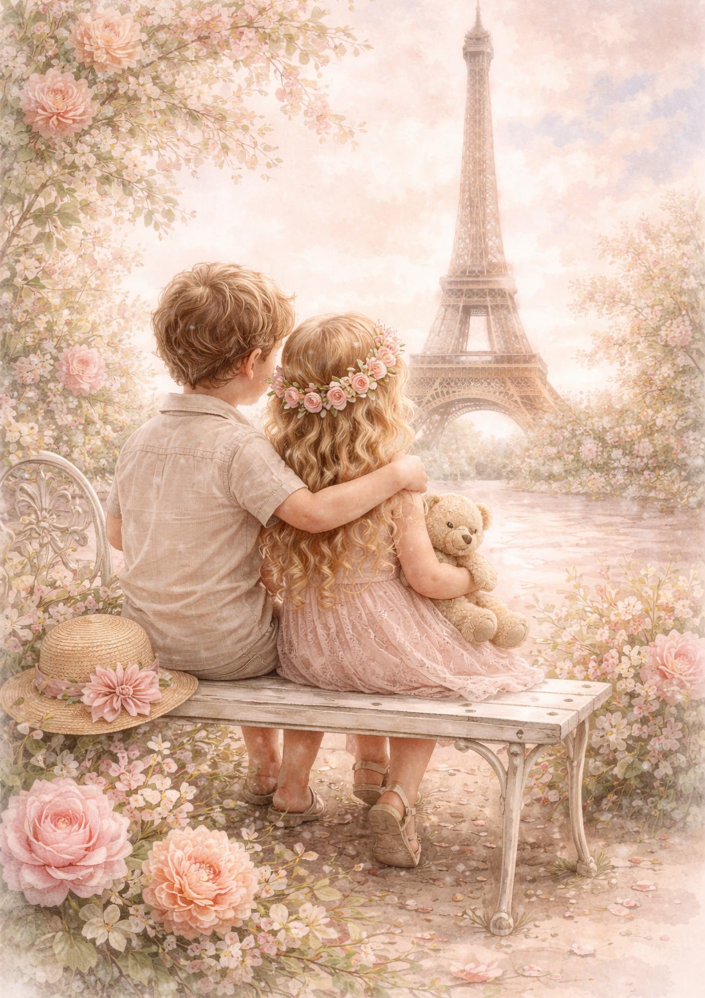 Rice Paper For Decoupage Eiffel Tower & Two Children in Shabby Chic Style Full Cat. No.9196