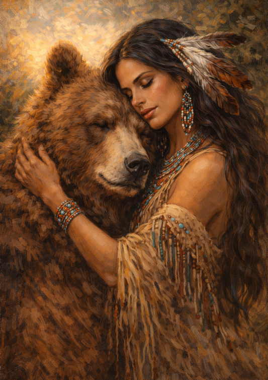 Rice Paper For Decoupage Native American Woman with Giant Bear Full Cat. No.9275