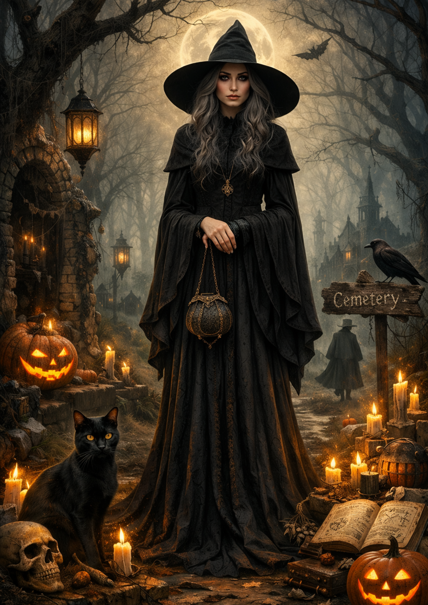 Rice Paper For Decoupage Halloween Witch on Cementary Full Cat. No.9218