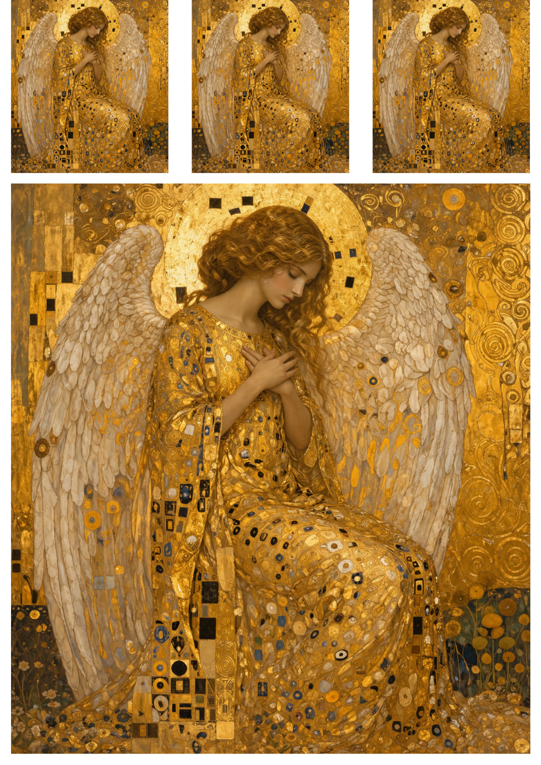 Rice Paper For Decoupage  Contenplative Angel in Klimt Style Collage  Cat. No.9231