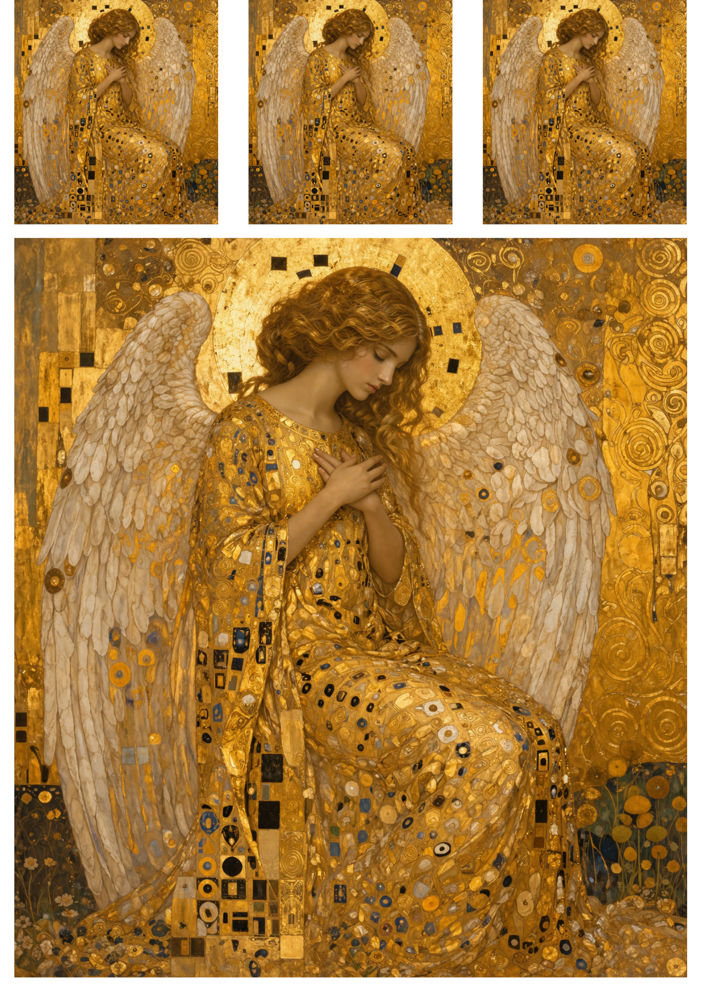 Rice Paper For Decoupage  Contenplative Angel in Klimt Style Collage  Cat. No.9231