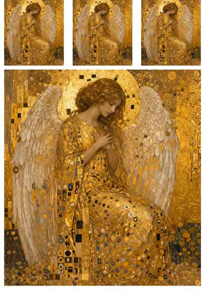 Rice Paper For Decoupage  Contenplative Angel in Klimt Style Collage  Cat. No.9231