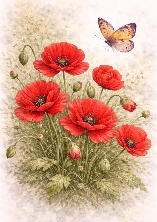 Rice Paper For Decoupage Butterfly on Red Poppies Full Cat. No.9245