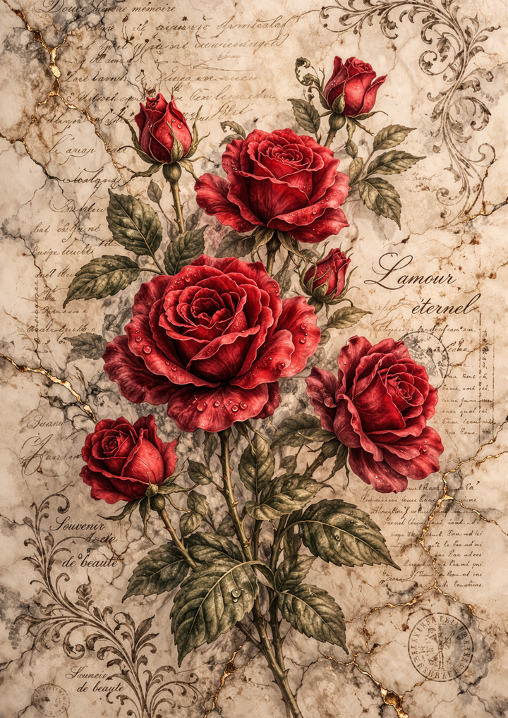 Rice Paper For Decoupage Red Rose on Marble Full Cat. No.9253