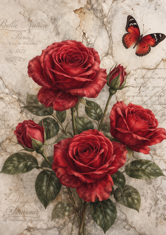 Rice Paper For Decoupage Red Rose on Marble Full Cat. No.9254