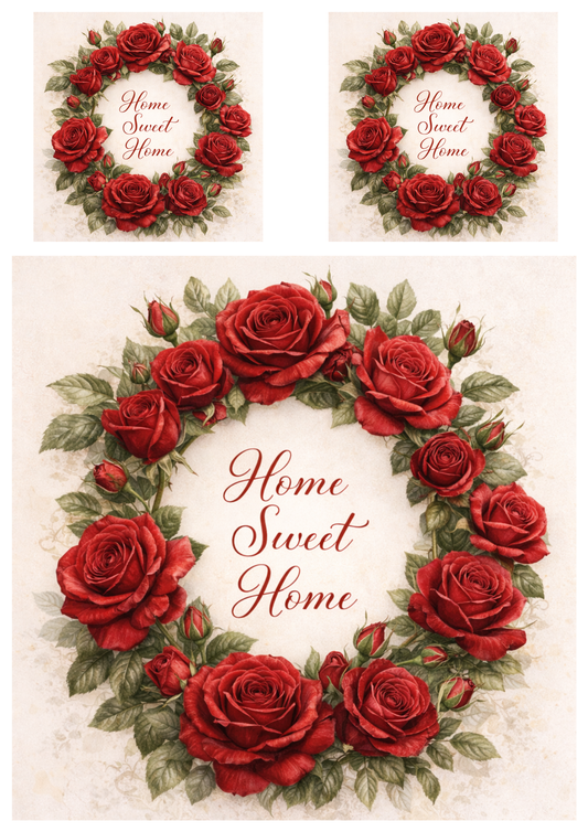 Rice Paper For Decoupage Red Rose Wreath with Home Sweet Home Sentence Collage Cat. No.9255