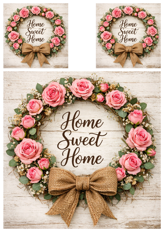 Rice Paper For Decoupage  Pink Roses Wreath in Rustic Style Collage Cat. No.9256