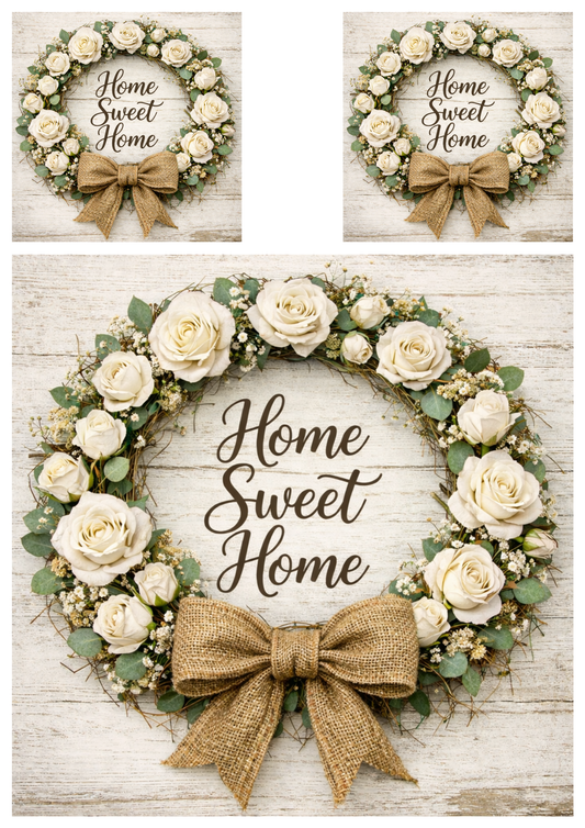 Rice Paper For Decoupage  White Roses Wreath in Rustic Style Collage Cat. No.9257