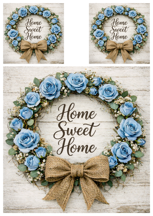 Rice Paper For Decoupage  Blue Roses Wreath in Rustic Style Collage Cat. No.9258