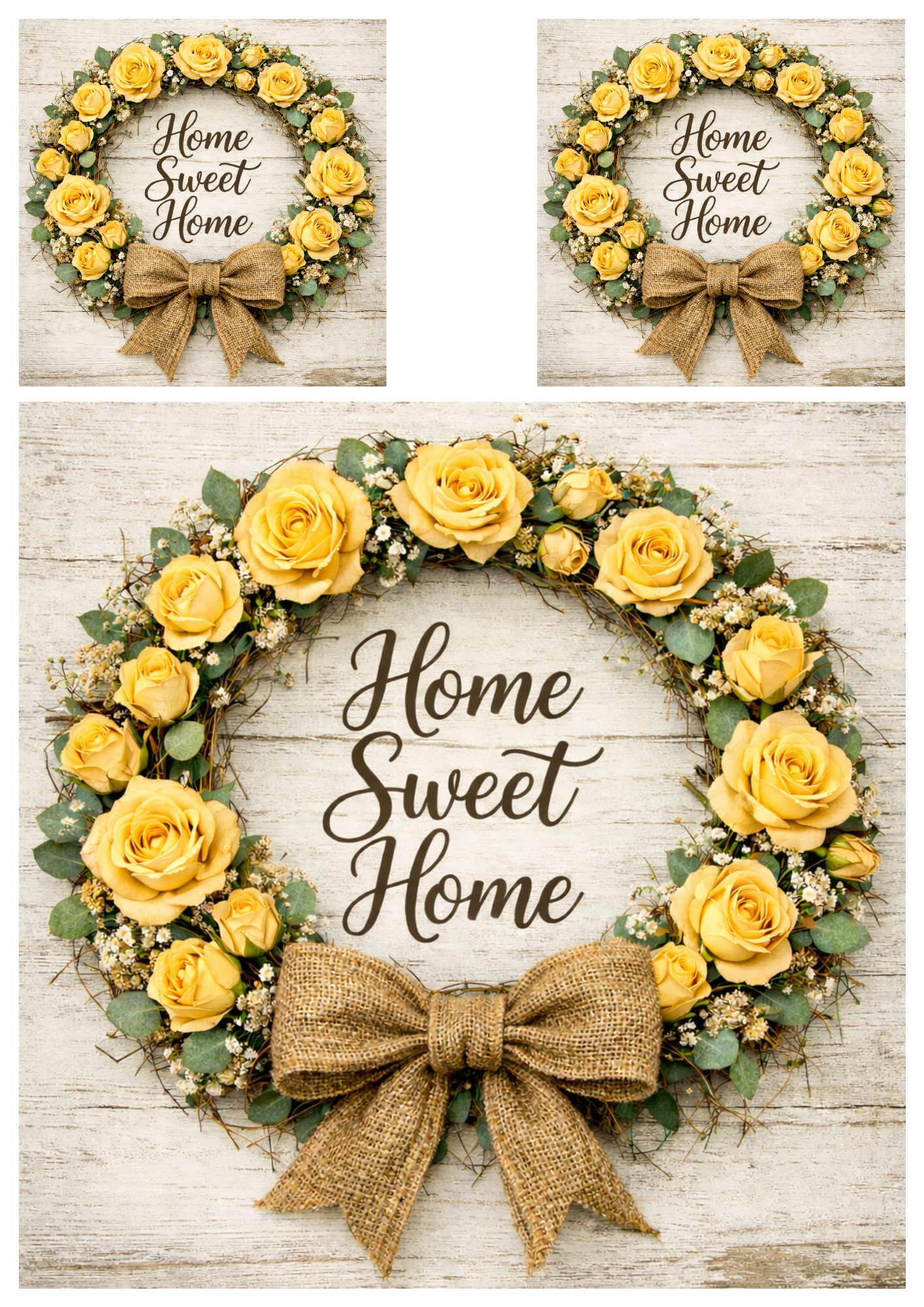 Rice Paper For Decoupage  Yellow Roses Wreath in Rustic Style Collage Cat. No.9259