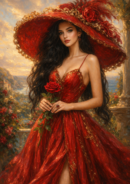 Rice Paper For Decoupage Elegance Woman in Red Dress & Hat Full Cat. No.9262