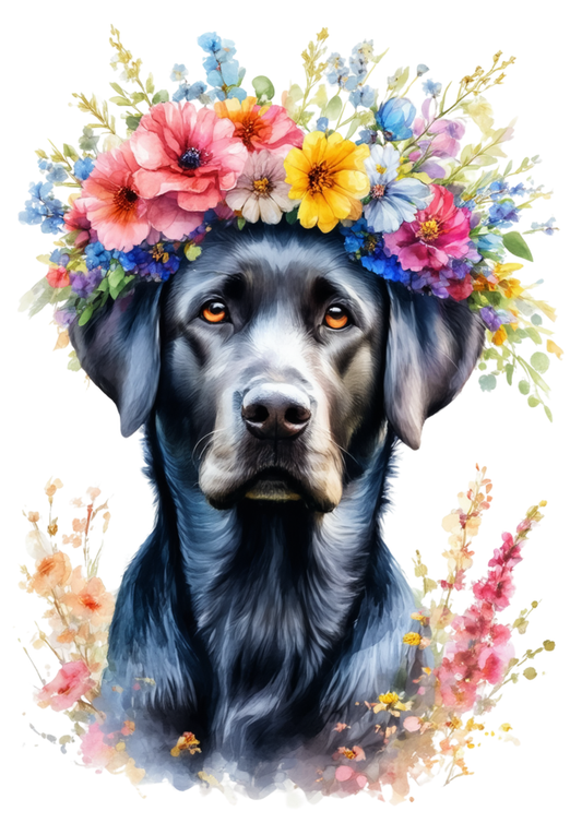 Rice Paper For Decoupage Black Lab with Floral Crown Portrait Full Cat. No.9281