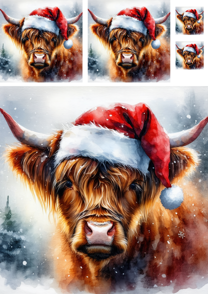 Rice Paper For Decoupage Highland Cow with Christmas Wreath Collage  Cat. No.9290