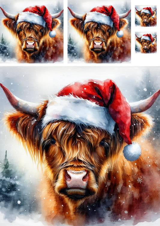 Rice Paper For Decoupage Highland Cow with Christmas Wreath Collage  Cat. No.9290