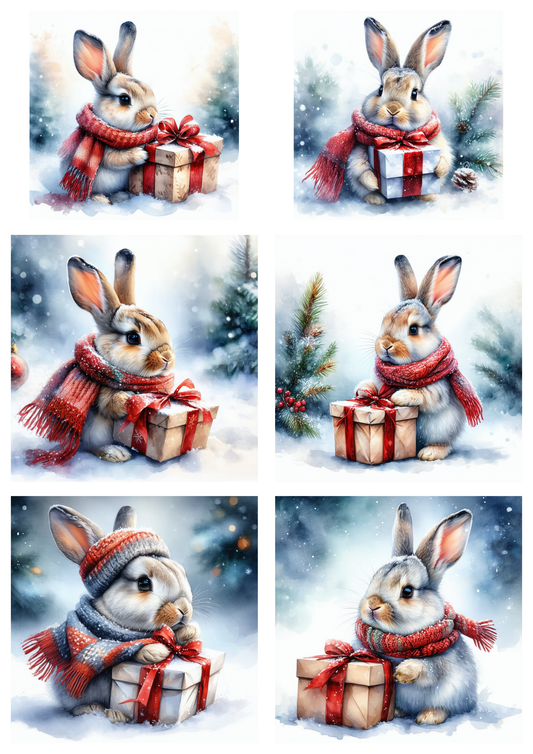 Rice Paper For Decoupage Christmas Rabbit Collage  Cat. No.9296