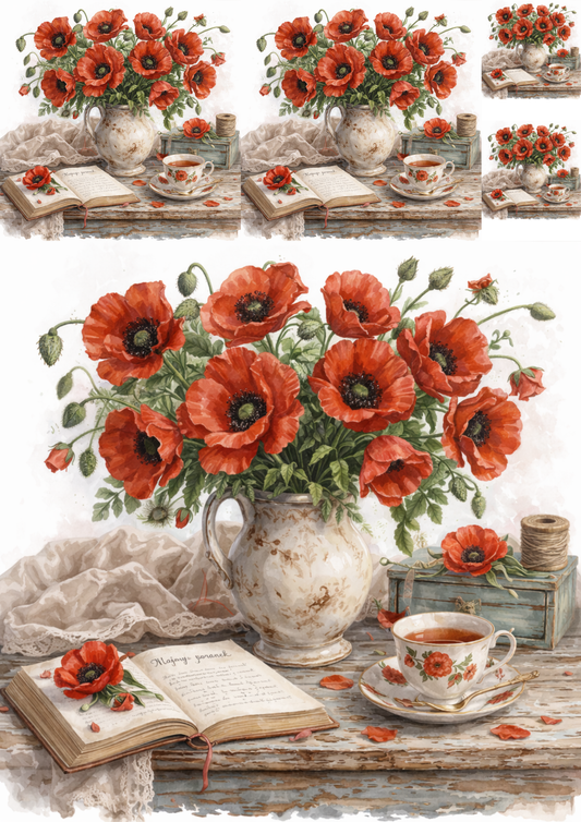 Rice Paper For Decoupage Red Poppies in Vase  Collage  Cat. No.9300