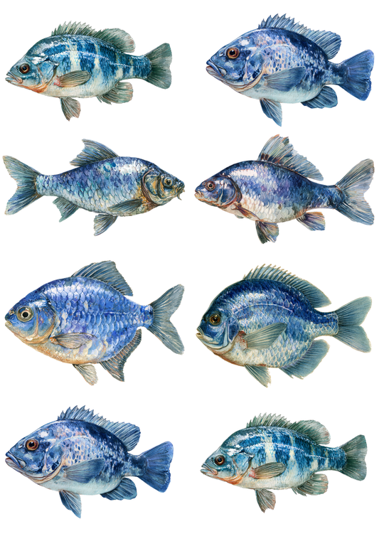 Rice Paper For Decoupage Blue Fish Collage  Cat. No.9307