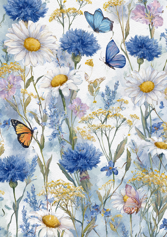 Rice Paper For Decoupage Blue Wildflower Meadow Journaling Page Collage  Cat. No.9314