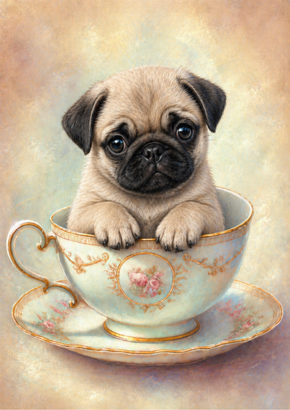 Rice Paper For Decoupage Puppy Pug in Cup Full  Cat. No.9326