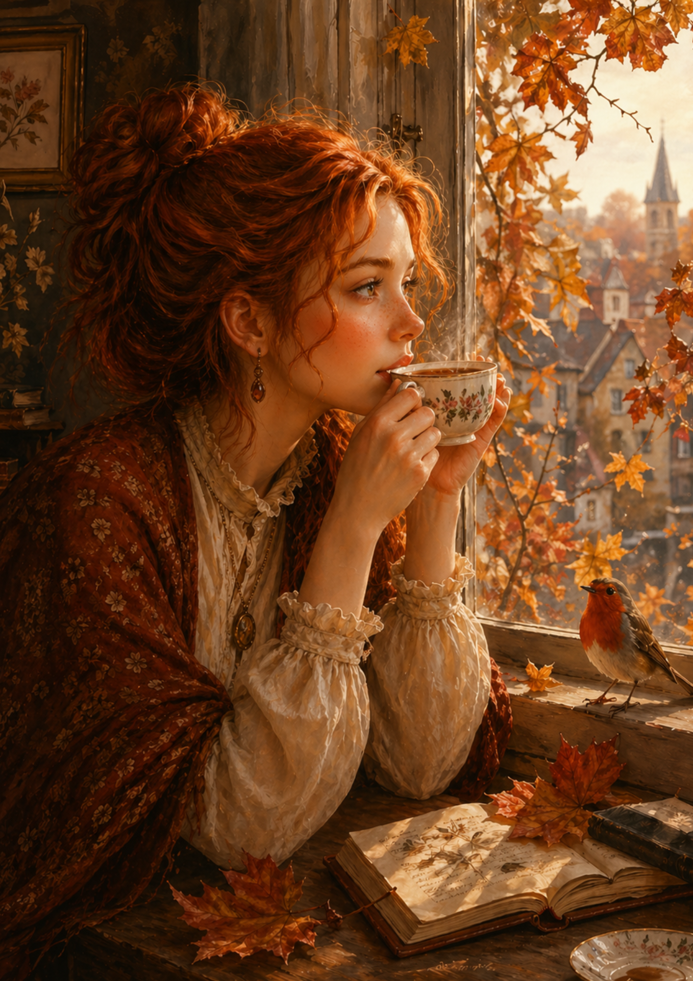 Rice Paper For Decoupage  Romantic Autumn Window View & Nostalgic Girl Full  Cat. No. 9352