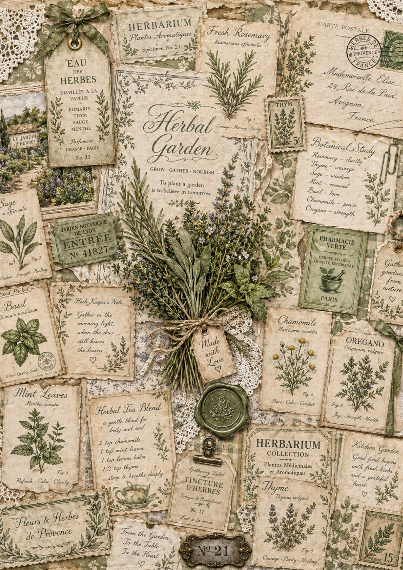 Rice Paper For Decoupage  Herbs Collage Journaling Page Full  Cat. No. 9354