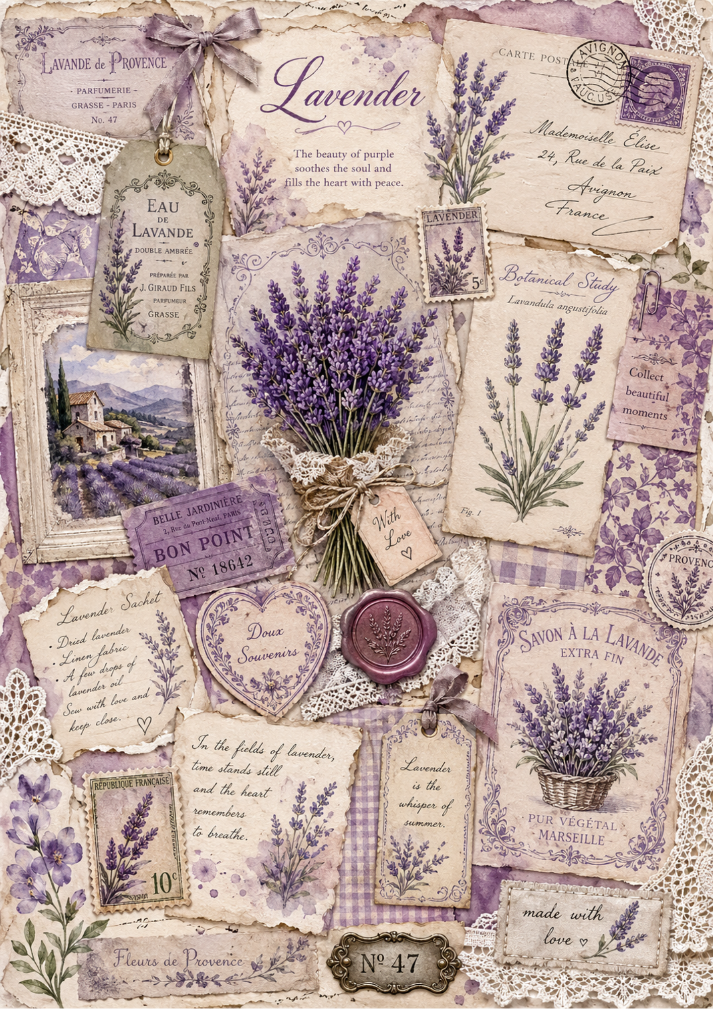 Rice Paper For Decoupage  Lavender Collage Journaling Page Full  Cat. No. 9355