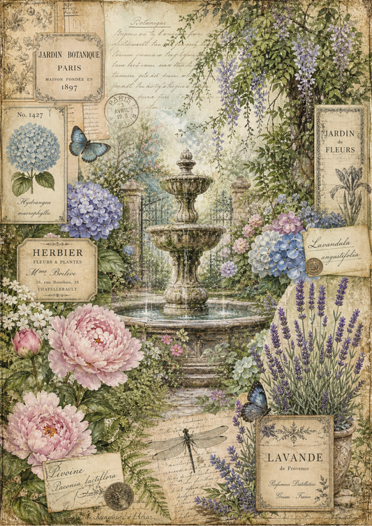 Rice Paper For Decoupage  Romantic Garden Fontain Full / Journaling Page Cat. No. 9361