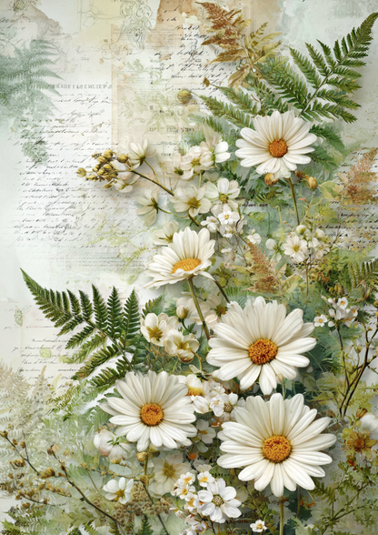 Rice Paper For Decoupage Vintage Daisies and Forest Fern Full Cat. No. 9366