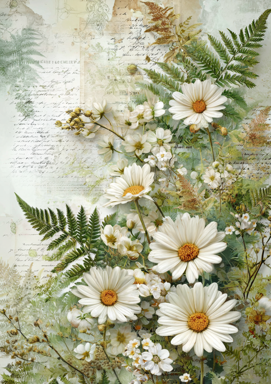 Rice Paper For Decoupage Vintage Daisies and Forest Fern Full Cat. No. 9366