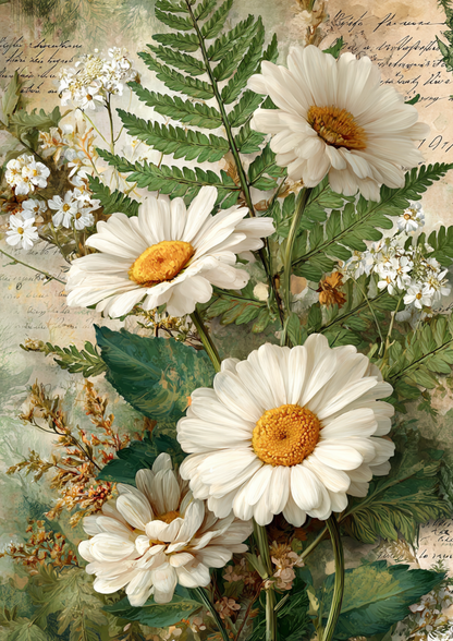 Rice Paper For Decoupage Delicate  Daisies and Forest Fern Full Cat. No. 9367