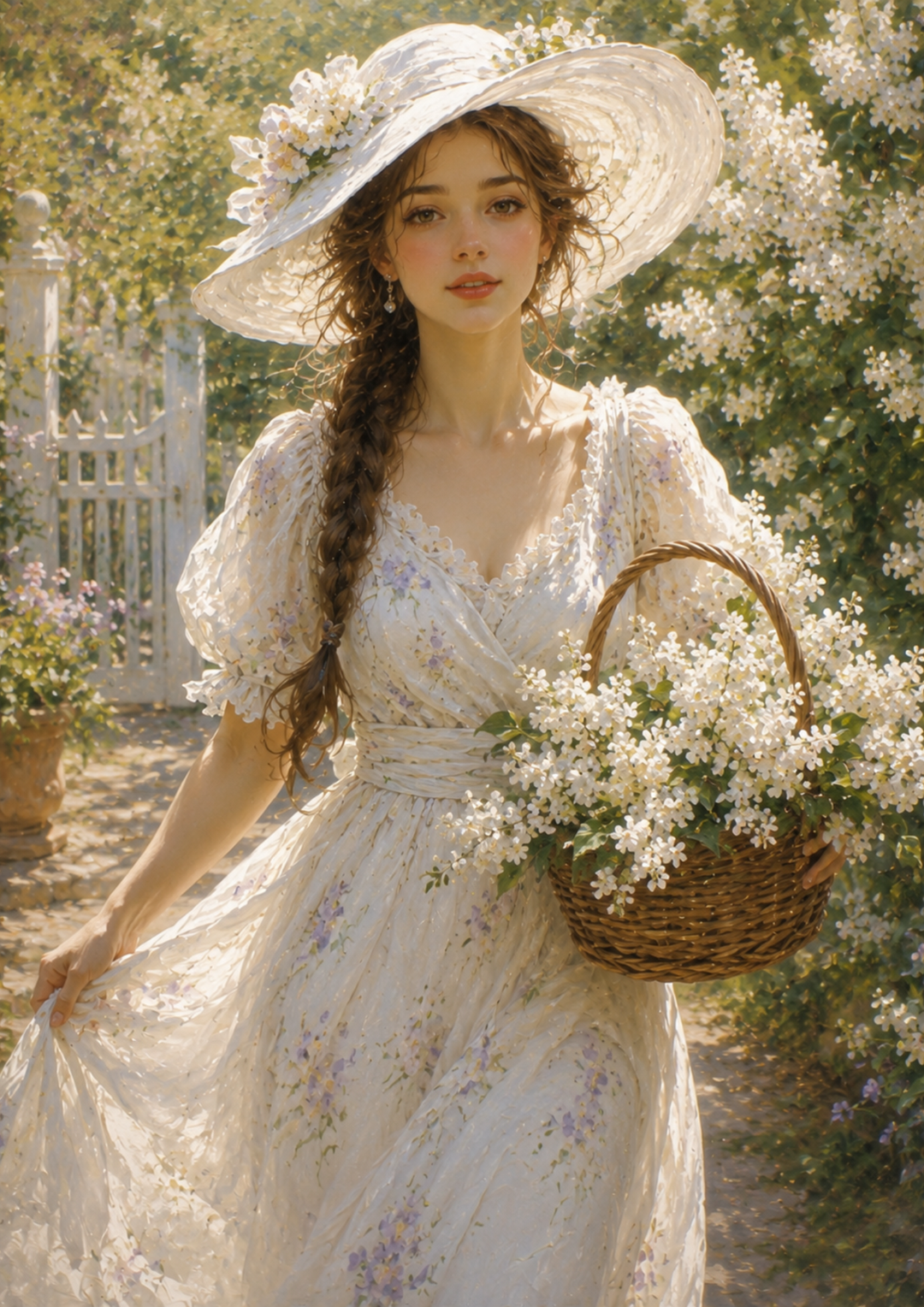 Rice Paper For Decoupage Girl &amp; Basket with White Lilac Full  Cat. No. 9377