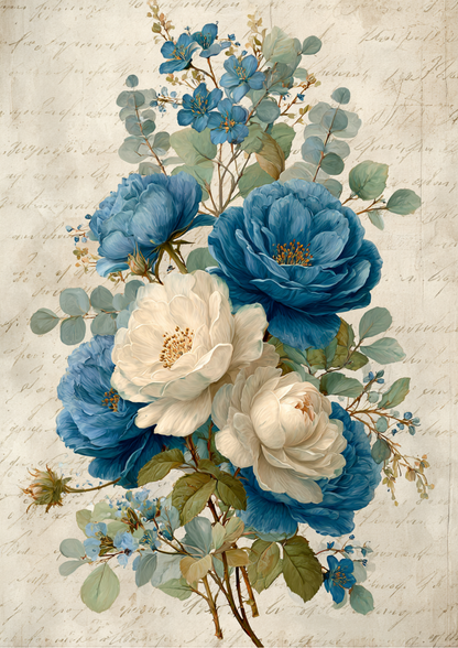 Rice Paper For Decoupage  Vintage Blue Roses on Beige Full  Cat. No. 9395