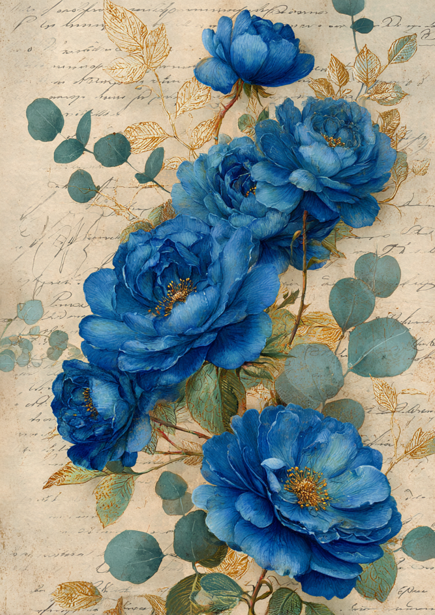 Rice Paper For Decoupage  Vintage Blue Roses on Beige Full  Cat. No. 9398