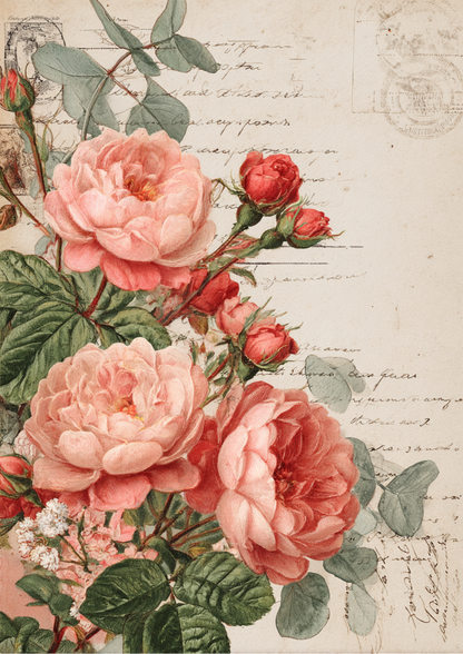 Rice Paper For Decoupage  Vintage Pink Roses on Beige Full  Cat. No. 9399