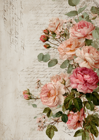 Rice Paper For Decoupage Pink Roses on Beige Full  Cat. No. 9401