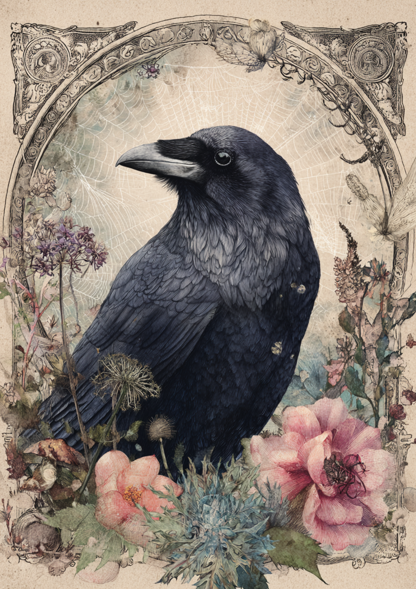 Rice Paper For Decoupage  Raven & Flowers Full  Cat. No. 9409
