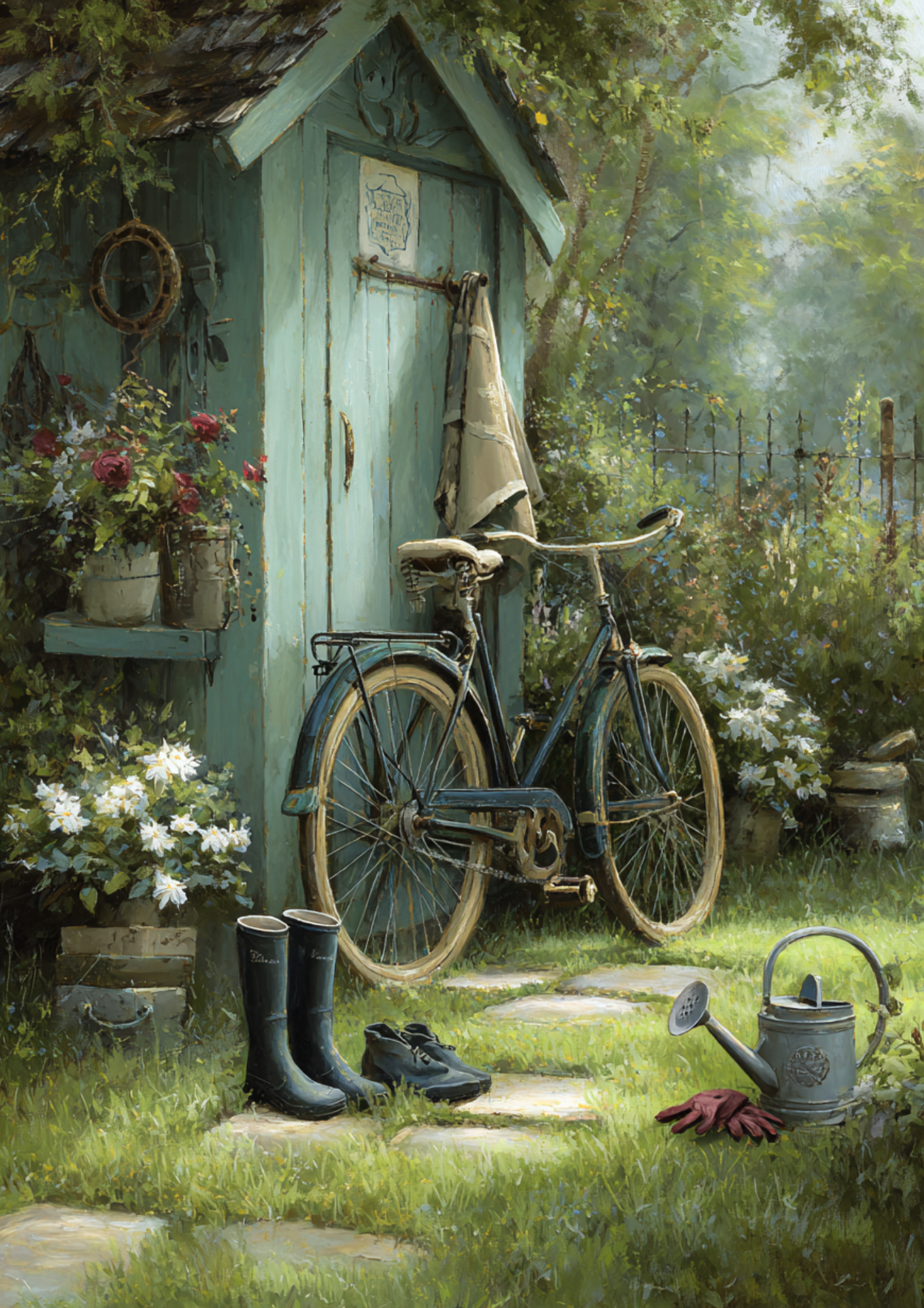 Rice Paper For Decoupage Rustic Garden Shed & Old Bicycle Full Cat. No. 9437