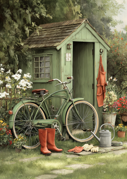 Rice Paper For Decoupage Rustic Garden Shed & Old Bicycle Full Cat. No. 9438
