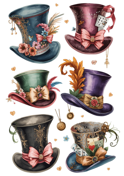 Rice Paper For Decoupage  Mad Hatter Magic Hats Collage Cat. No. 9452