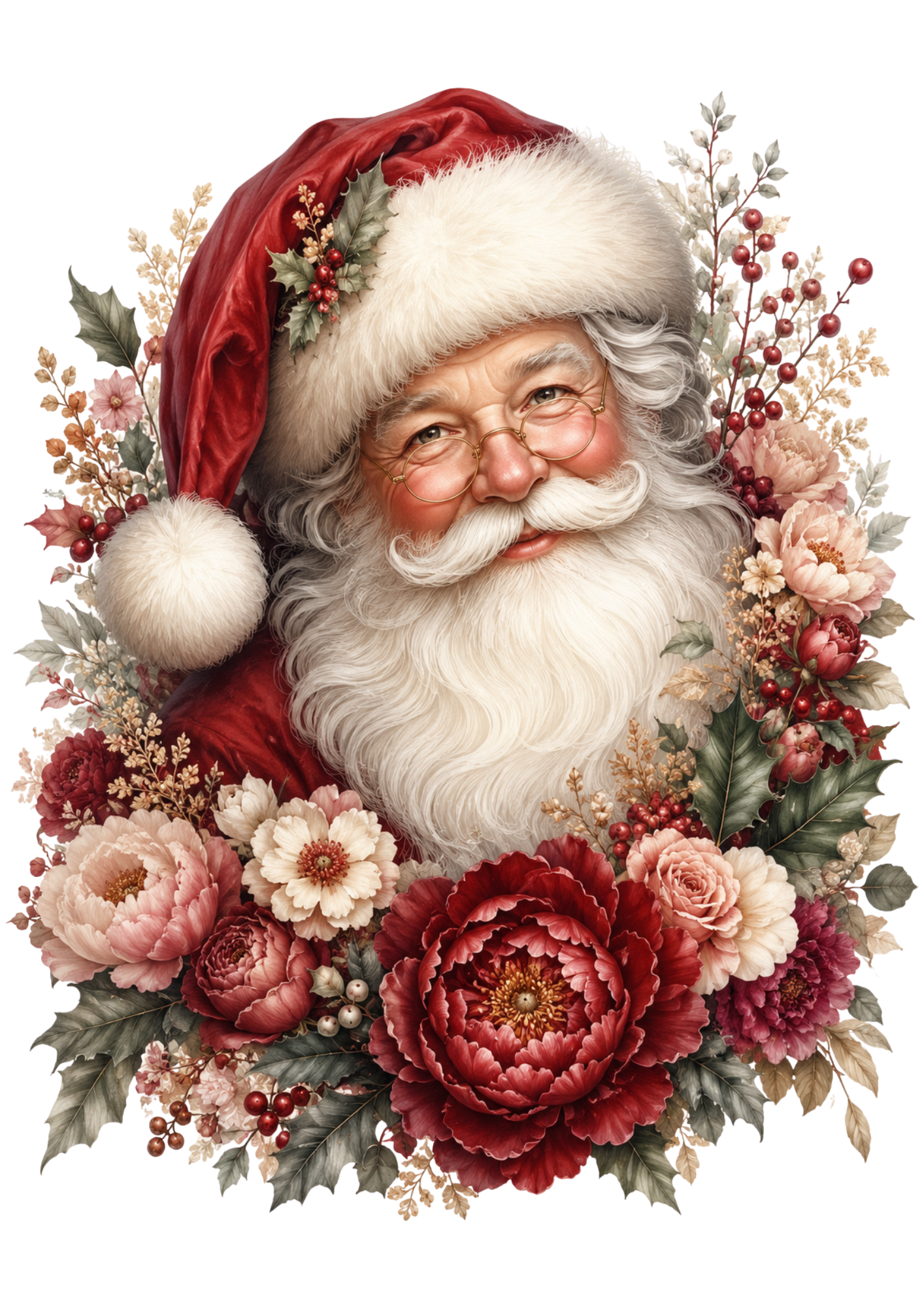 Rice Paper For Decoupage Santa Clause in Floral Wreath Portrait  Full Cat. No. 9471