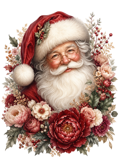 Rice Paper For Decoupage Santa Clause in Floral Wreath Portrait  Full Cat. No. 9471