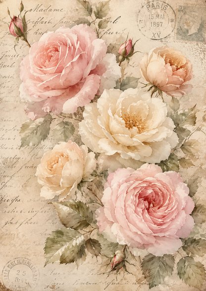 Rice Paper For Decoupage Pastel Pink Roses  Full Cat. No. 9476