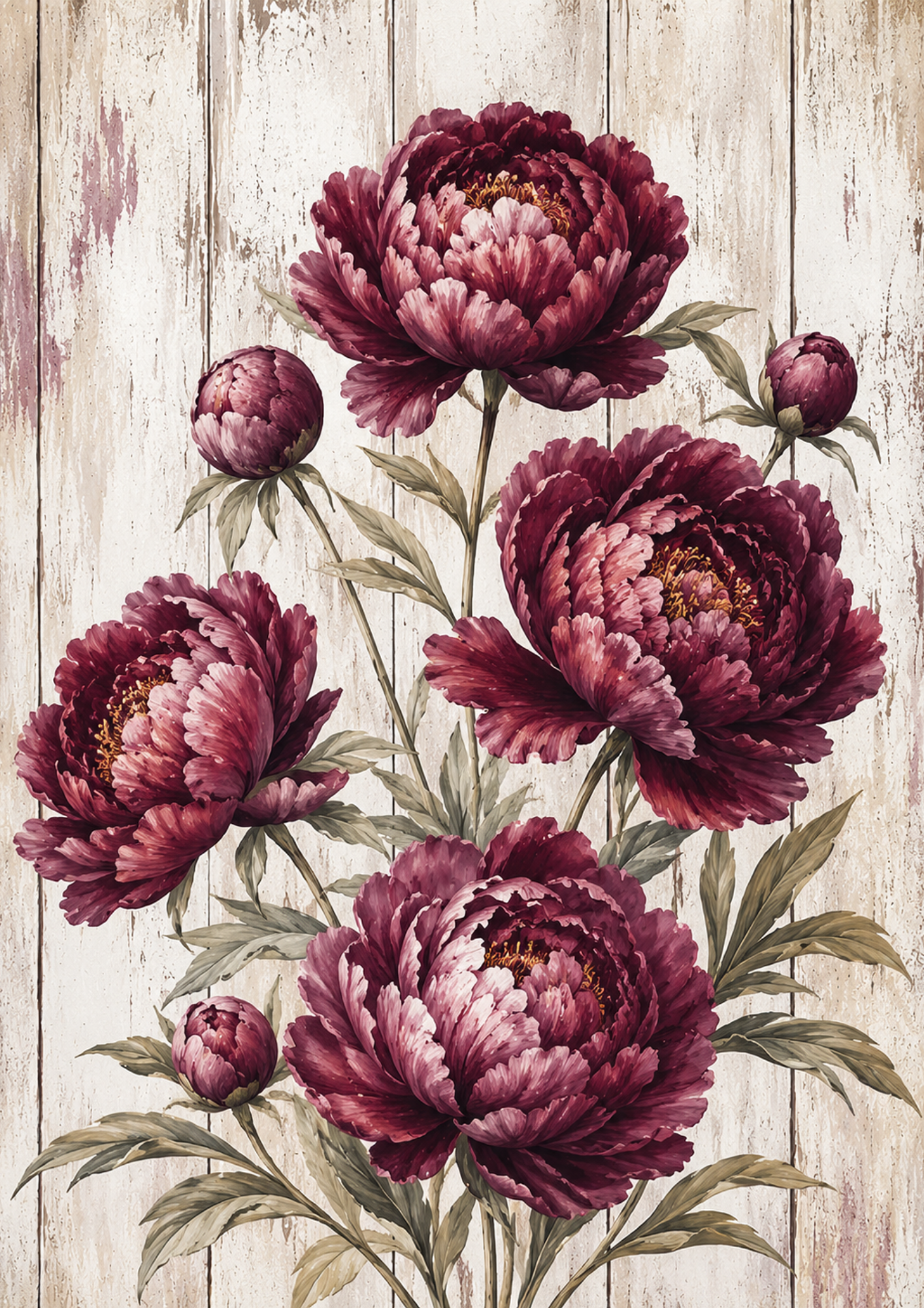 Rice Paper For Decoupage  Burgundy Peonies on Wooden Desk Full  Cat. No. 9481
