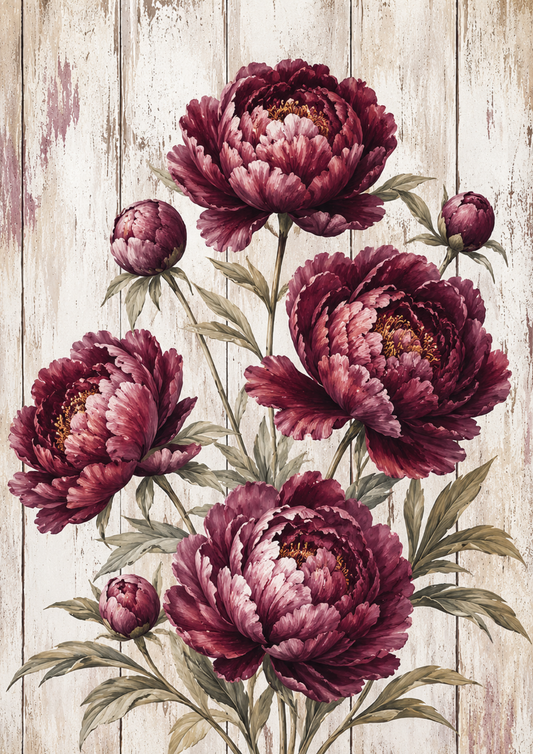 Rice Paper For Decoupage  Burgundy Peonies on Wooden Desk Full  Cat. No. 9481
