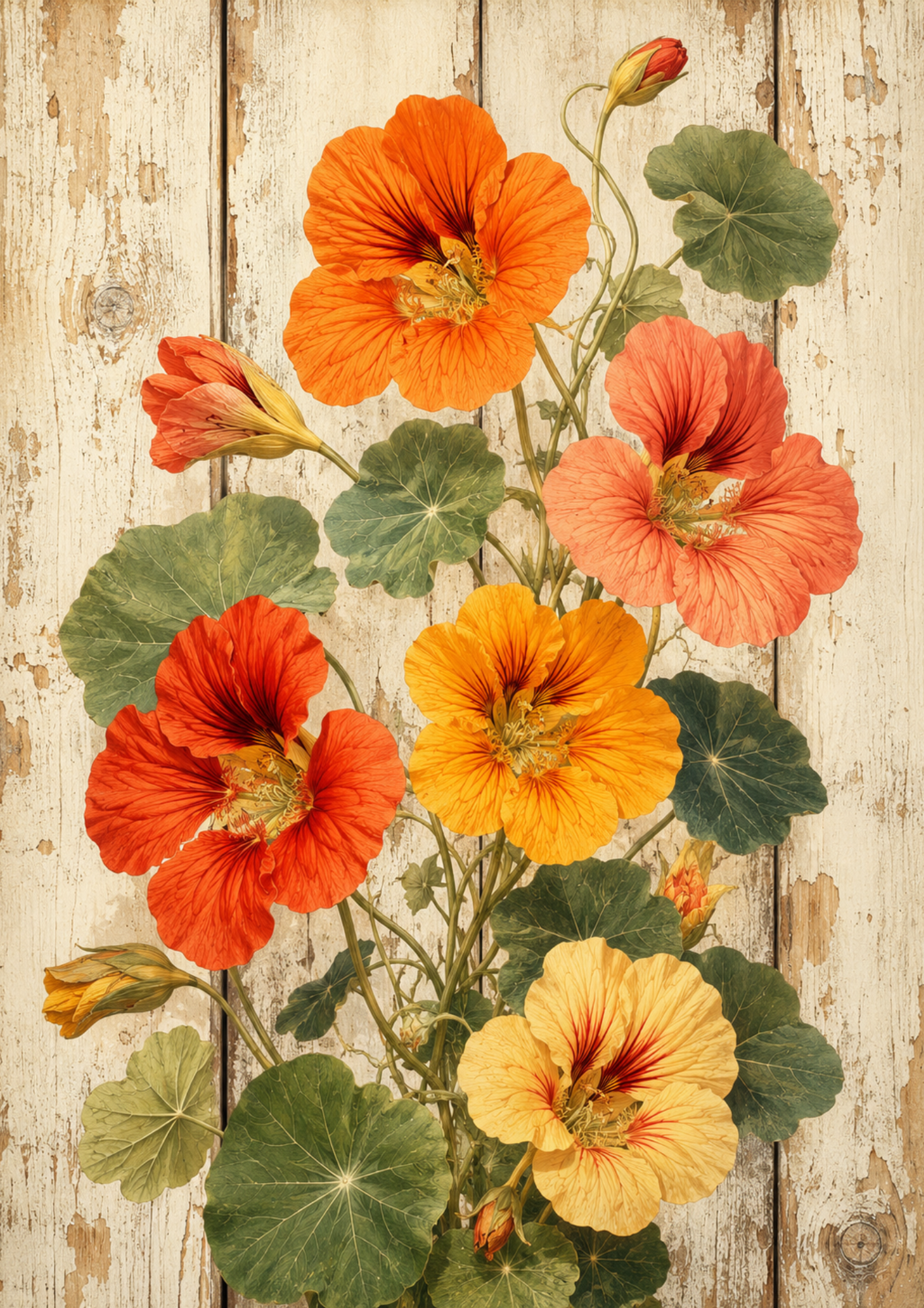 Rice Paper For Decoupage Delicate Nasturtium Flowers on Wooden Board Full  Cat. No. 9484