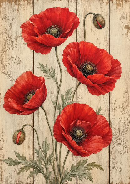Rice Paper For Decoupage Red Poppies on Wooden Board Full  Cat. No. 9485