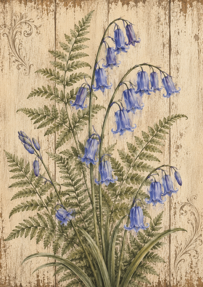 Rice Paper For Decoupage Blue Forest Bells & Fern on Wooden Board Full  Cat. No. 9486