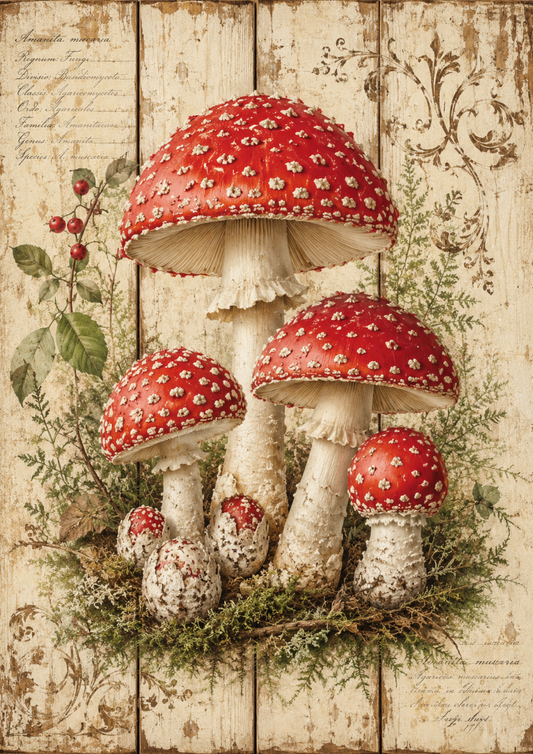 Rice Paper For Decoupage Red Toadstools on Wooden Board Full  Cat. No. 9487